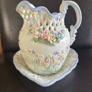 Decorative Porcelian Pitcher & Heart Plate Lattice-Dimentional floral Motif
